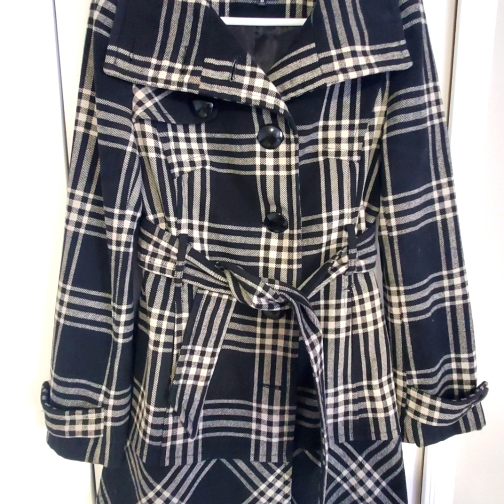 Express Wool Blend Black Plaid Belted Peacoat - Size Medium